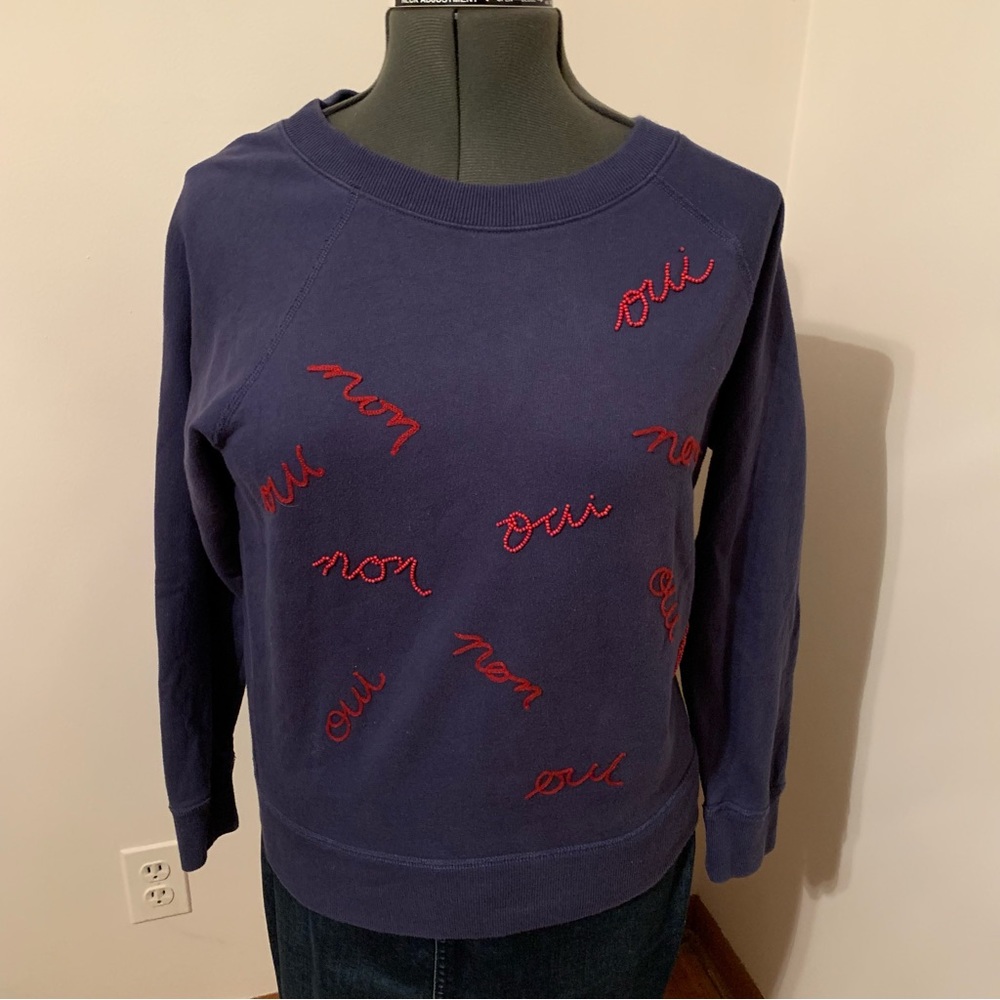 J. Crew Navy Crewneck Sweatshirt with Red Script Embroidery